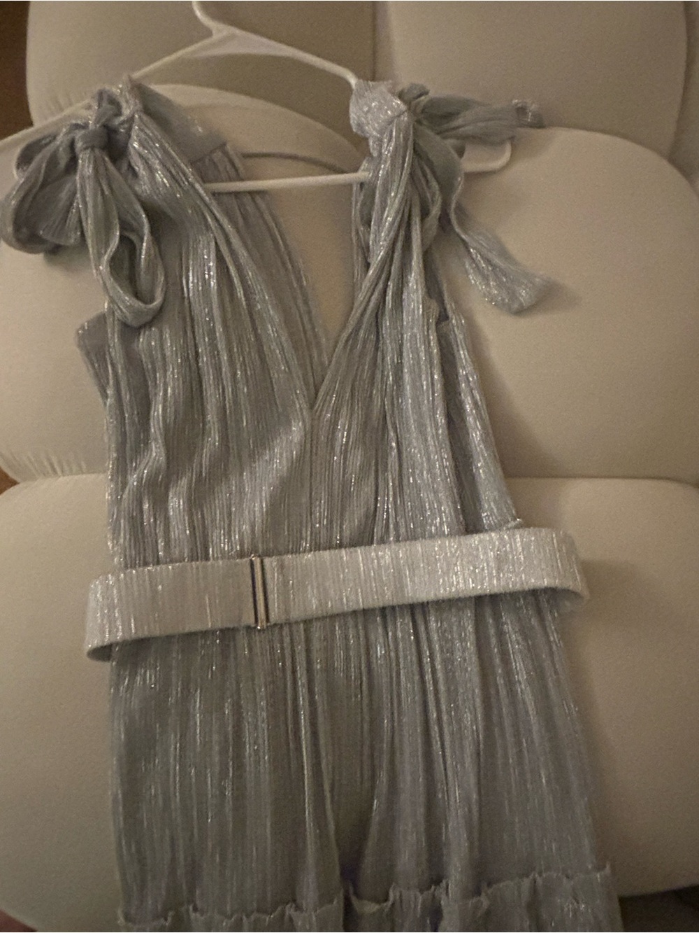 Sabina Musayev Silver Shimmer Plissé Halter Romper with Belted Waist